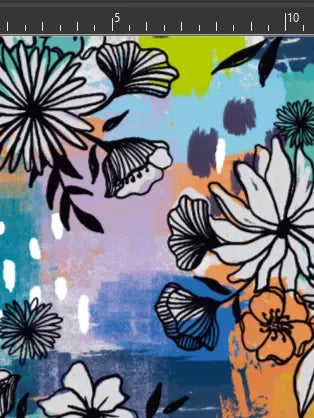 Blue graffiti floral fabric with black and white outlined flowers.