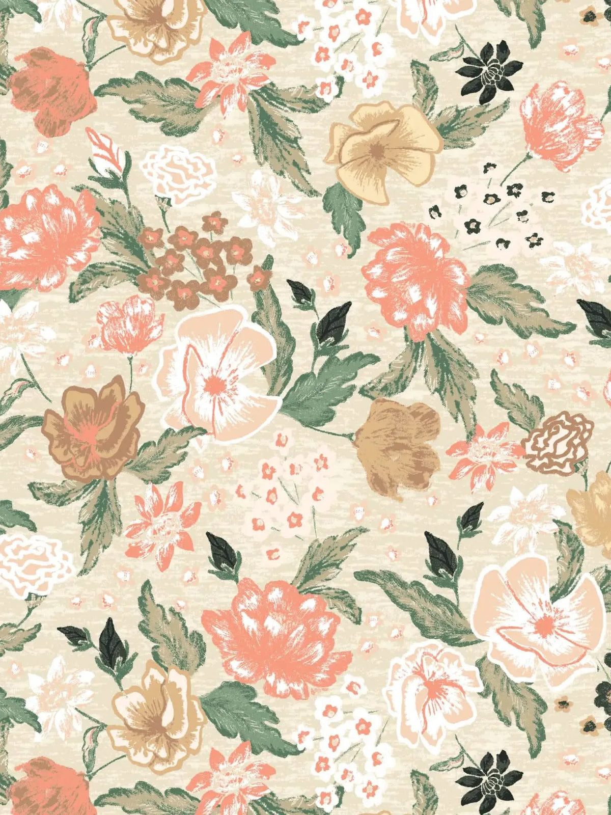 A fabric with a pattern of blush, white, and brown flowers on a light background.