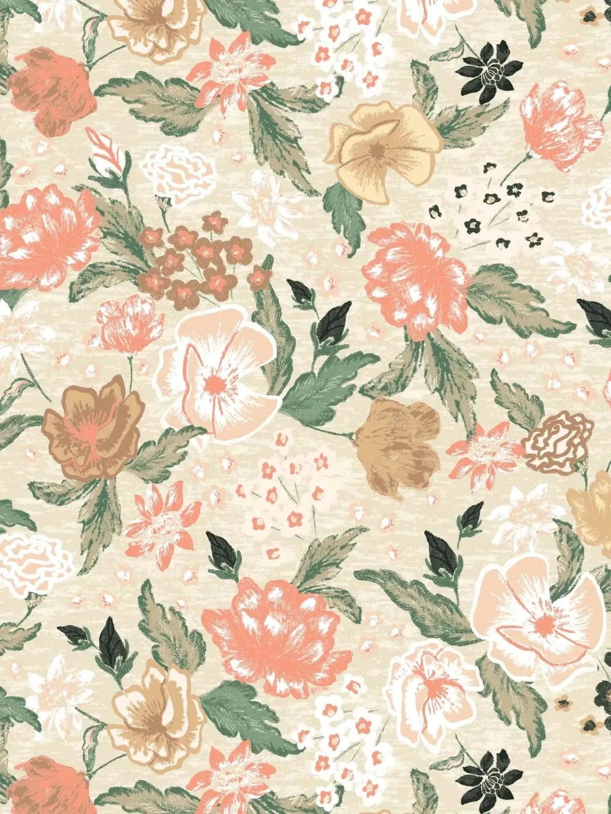 Fabric print with blush, brown, and green floral patterns on a light background.