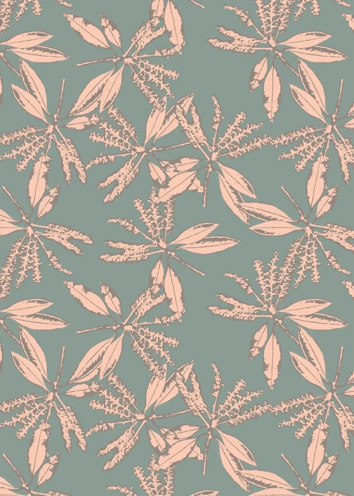 Blush hollow floral print fabric with green and pink leaf motifs.