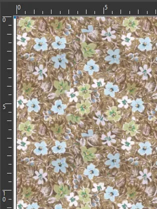 Brown wallpaper with a pattern of light blue, green, and white flowers and leaves.