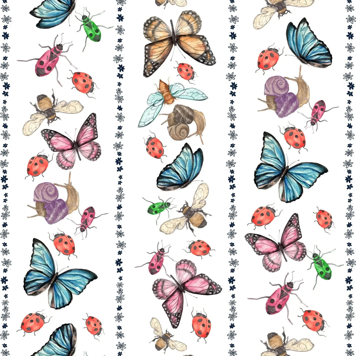 A white fabric with vertical stripes of various watercolor insects and blue floral patterns.