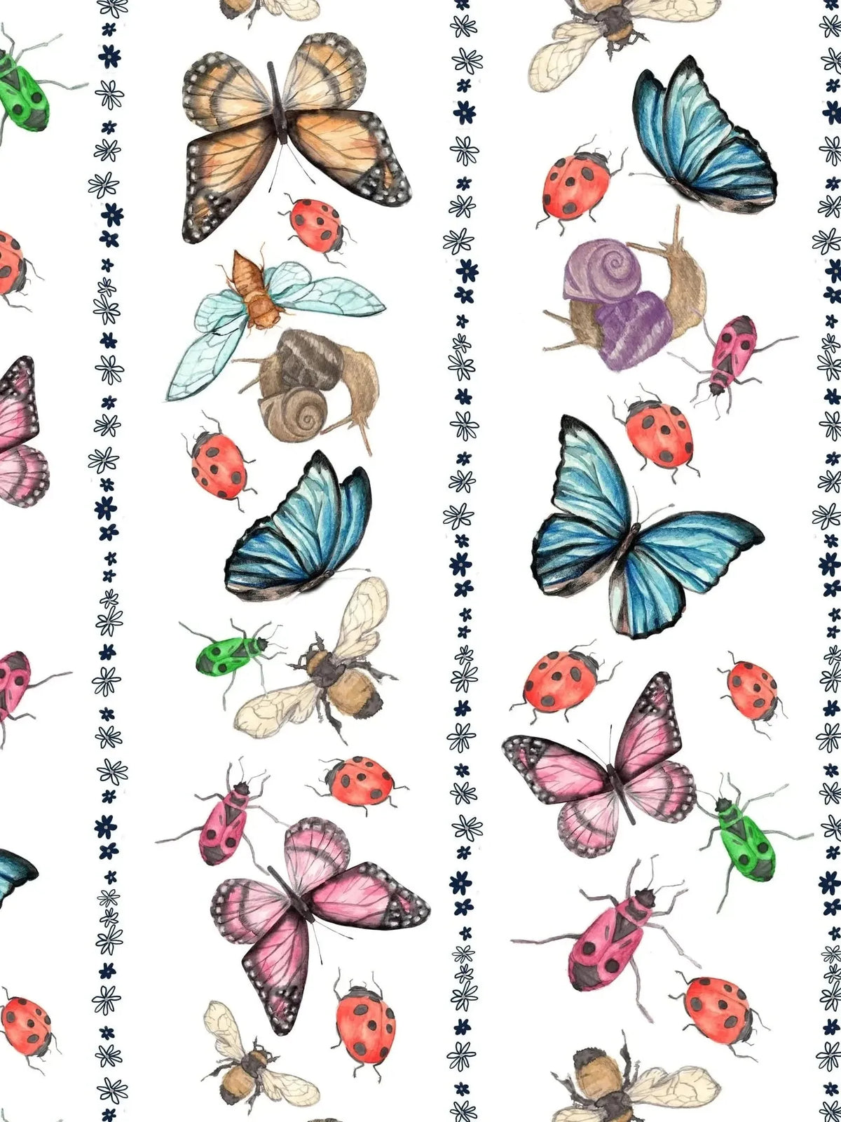 White fabric with vertical stripes of colorful insects, butterflies, and ladybugs.
