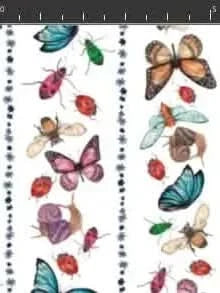 Fabric with colorful butterflies, ladybugs, and other insects in vertical stripes.