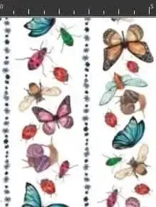 White fabric with red insects, butterflies, and bugs in a vertical stripe pattern.