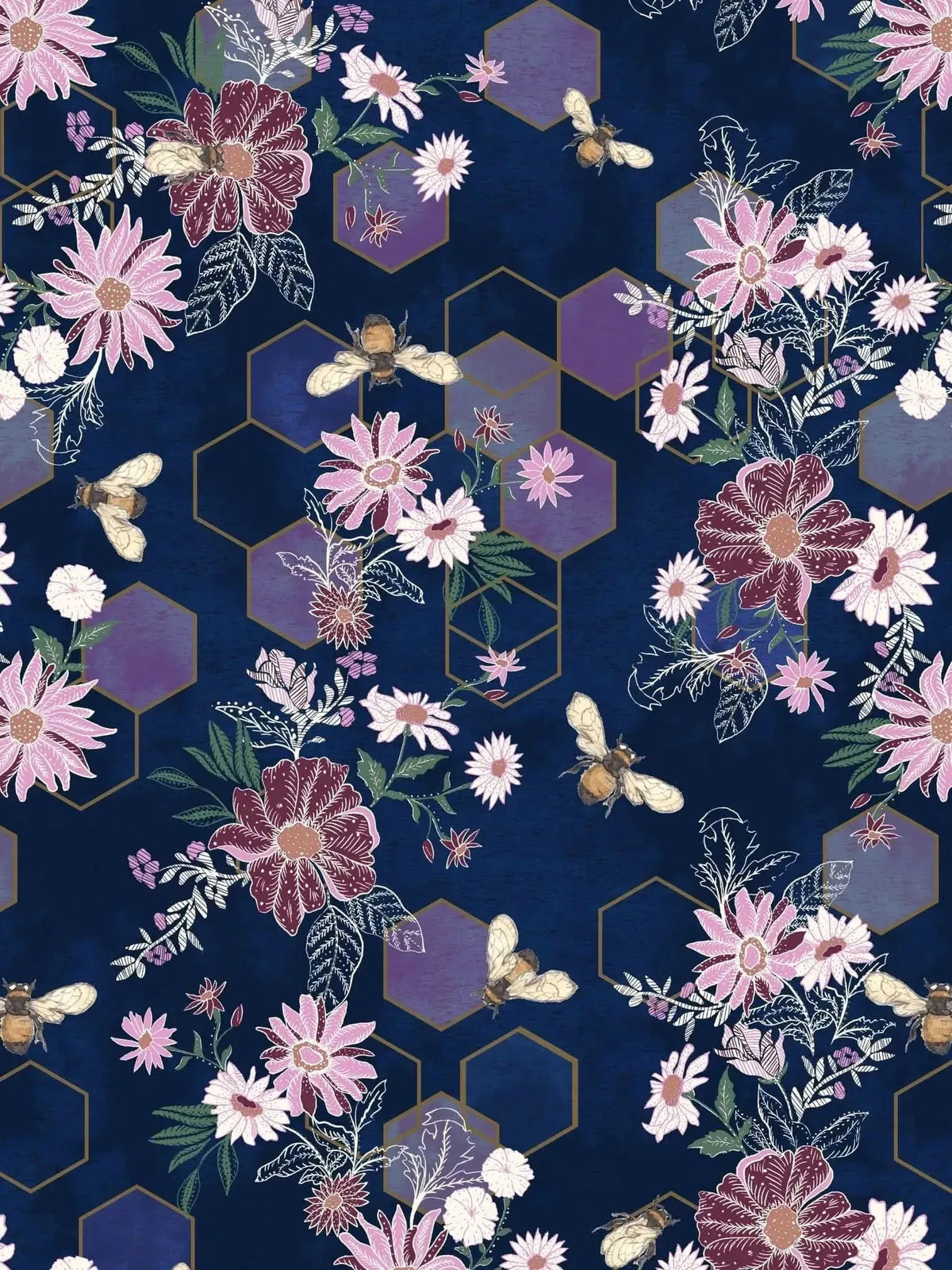 A dark blue fabric with purple flowers, green leaves, and bees on a honeycomb pattern.