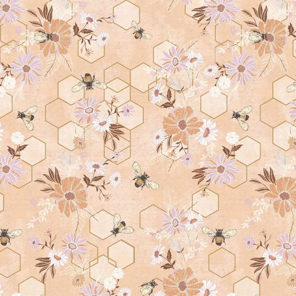 Peach fabric with bees, flowers, and honeycomb patterns.