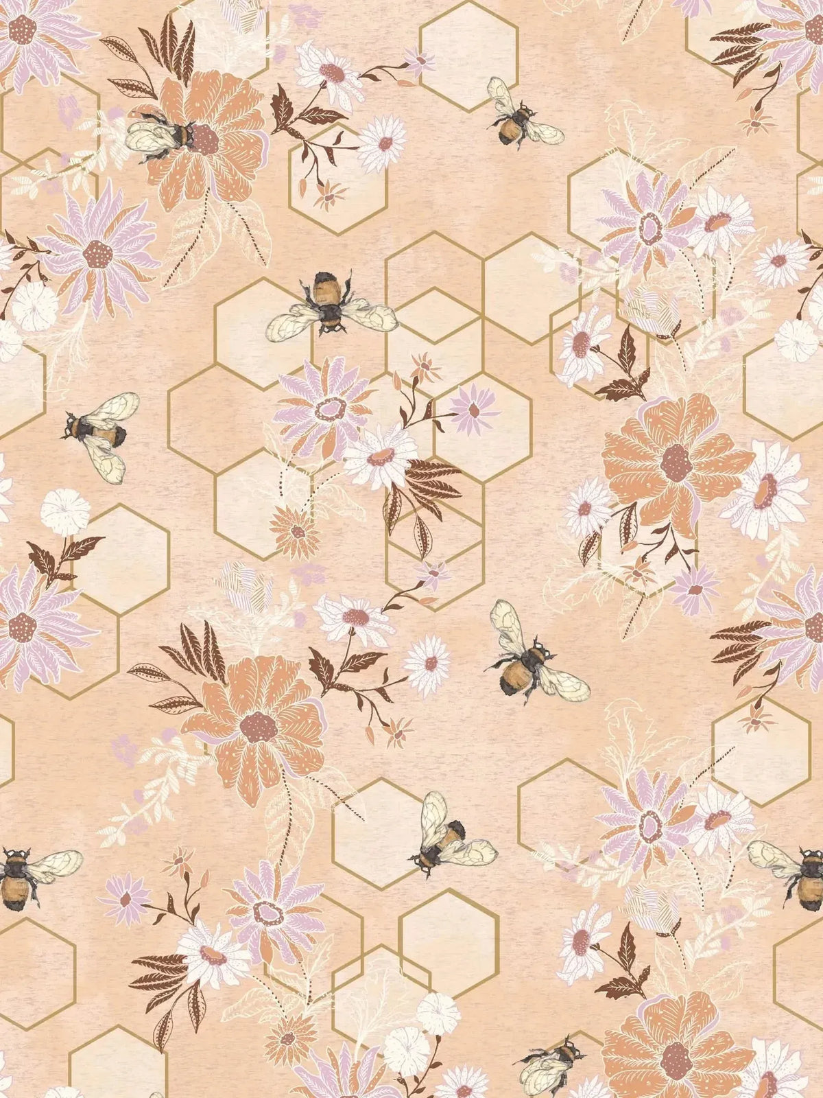 Peach fabric with honeycomb pattern, bees, and pink daisies.