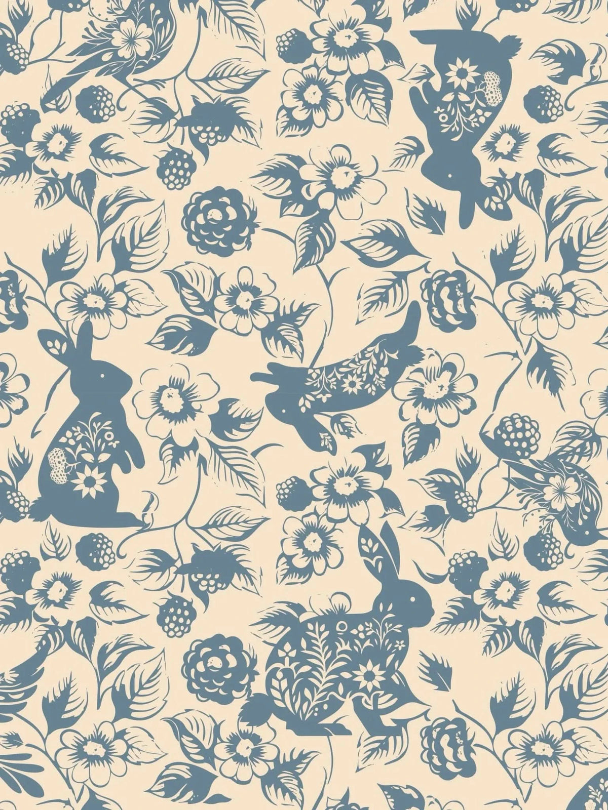 A seamless fabric pattern featuring bunnies, birds, flowers, and berries in blue on a cream background.