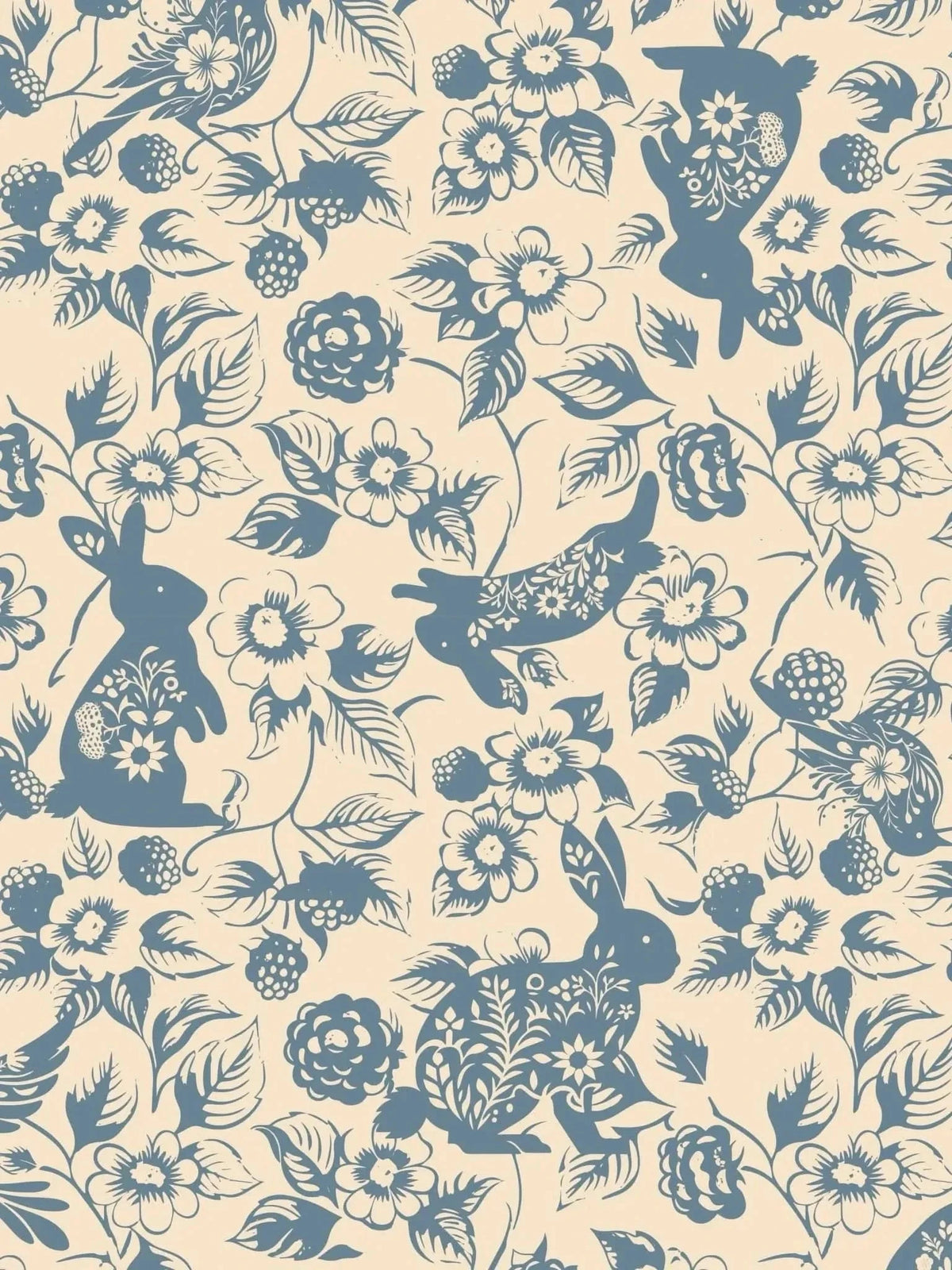 Carolina blue fabric with white bunny and bramble print, sold by the yard.
