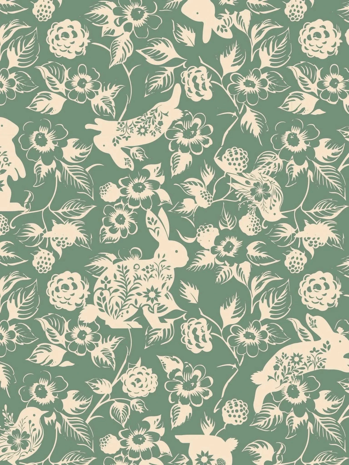 Sage green fabric with a pattern of bunnies, flowers, and berries.