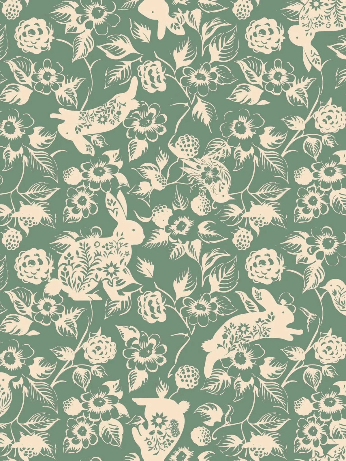 A green and beige fabric with rabbits, birds, flowers, and berries.
