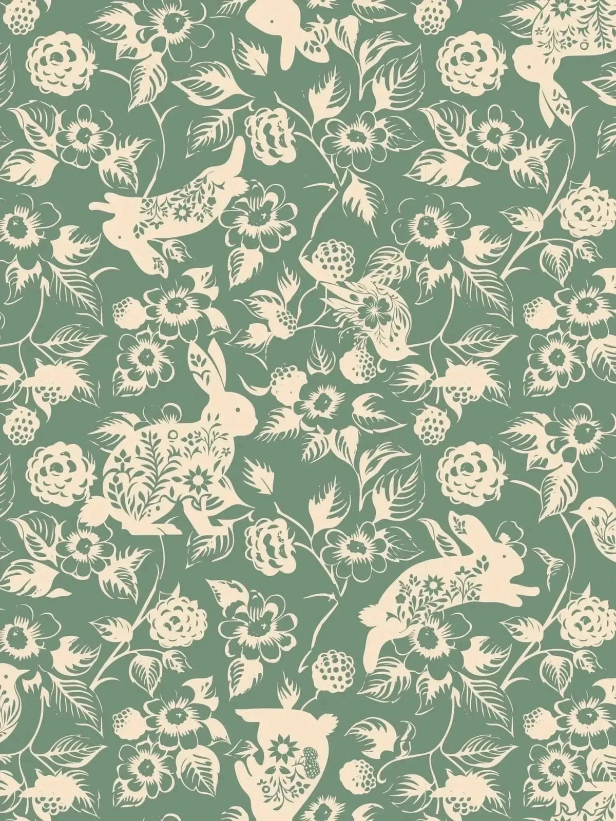 Green canvas fabric with white floral and rabbit pattern.