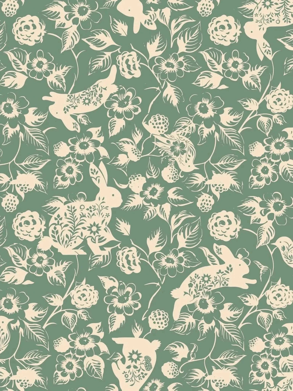 Green canvas fabric with white floral and rabbit pattern.