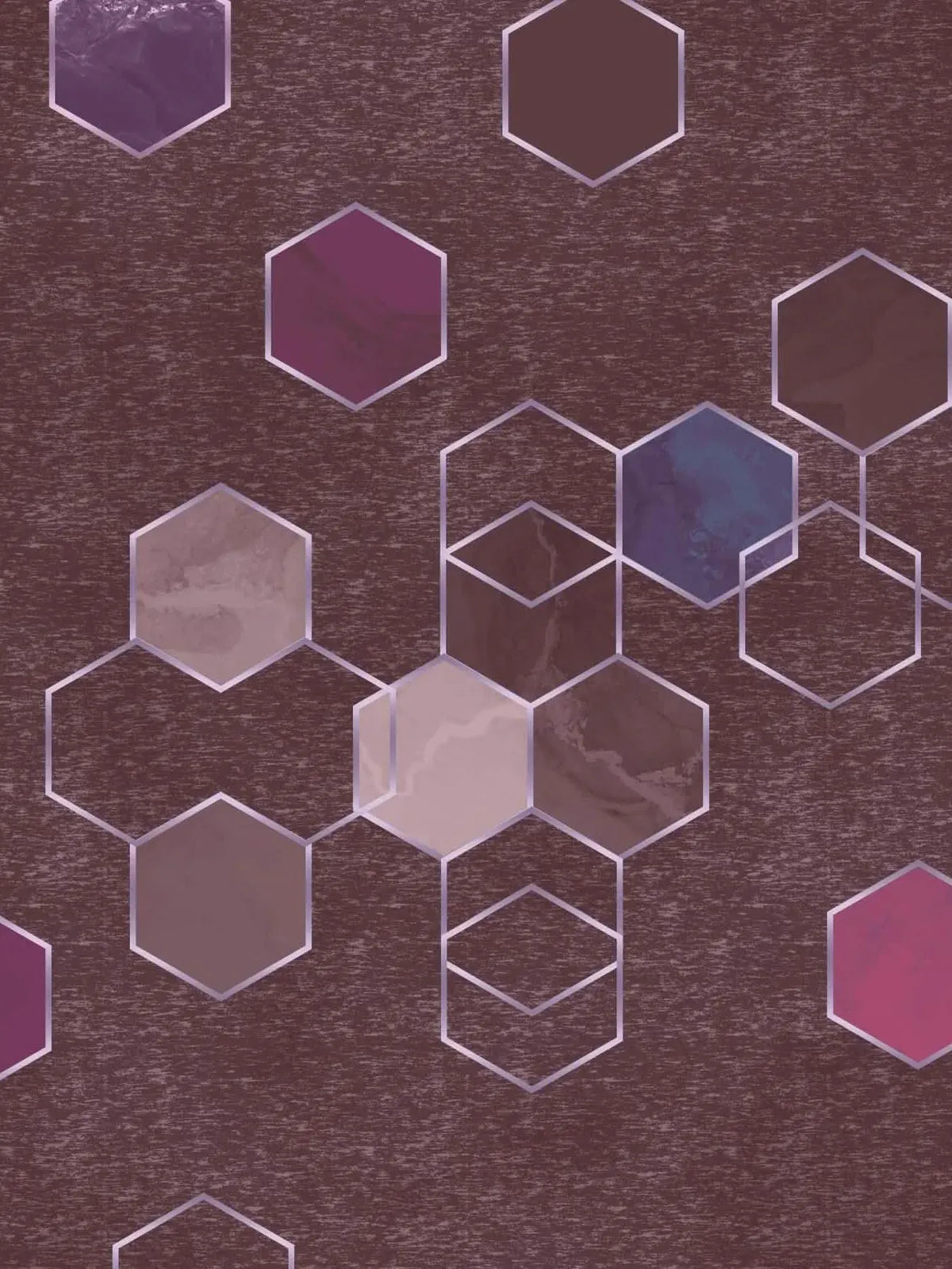 Burgundy fabric with a geometric pattern of hexagons in various shades and textures.