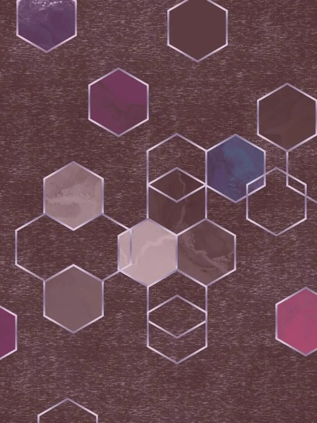 Burgundy geometric hexagon print fabric with overlapping hexagons in purple, blue, and pink tones.