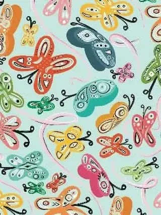 A light blue fabric with a pattern of colorful, painted butterflies.