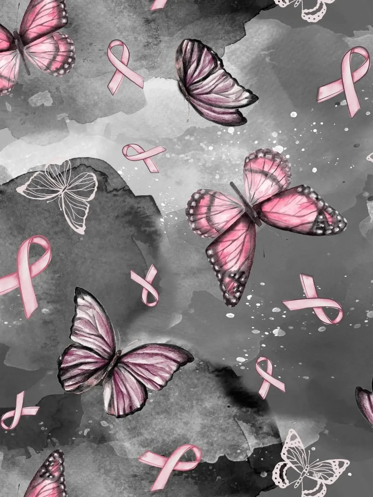 Pink butterflies and ribbons on gray watercolor fabric for breast cancer awareness.