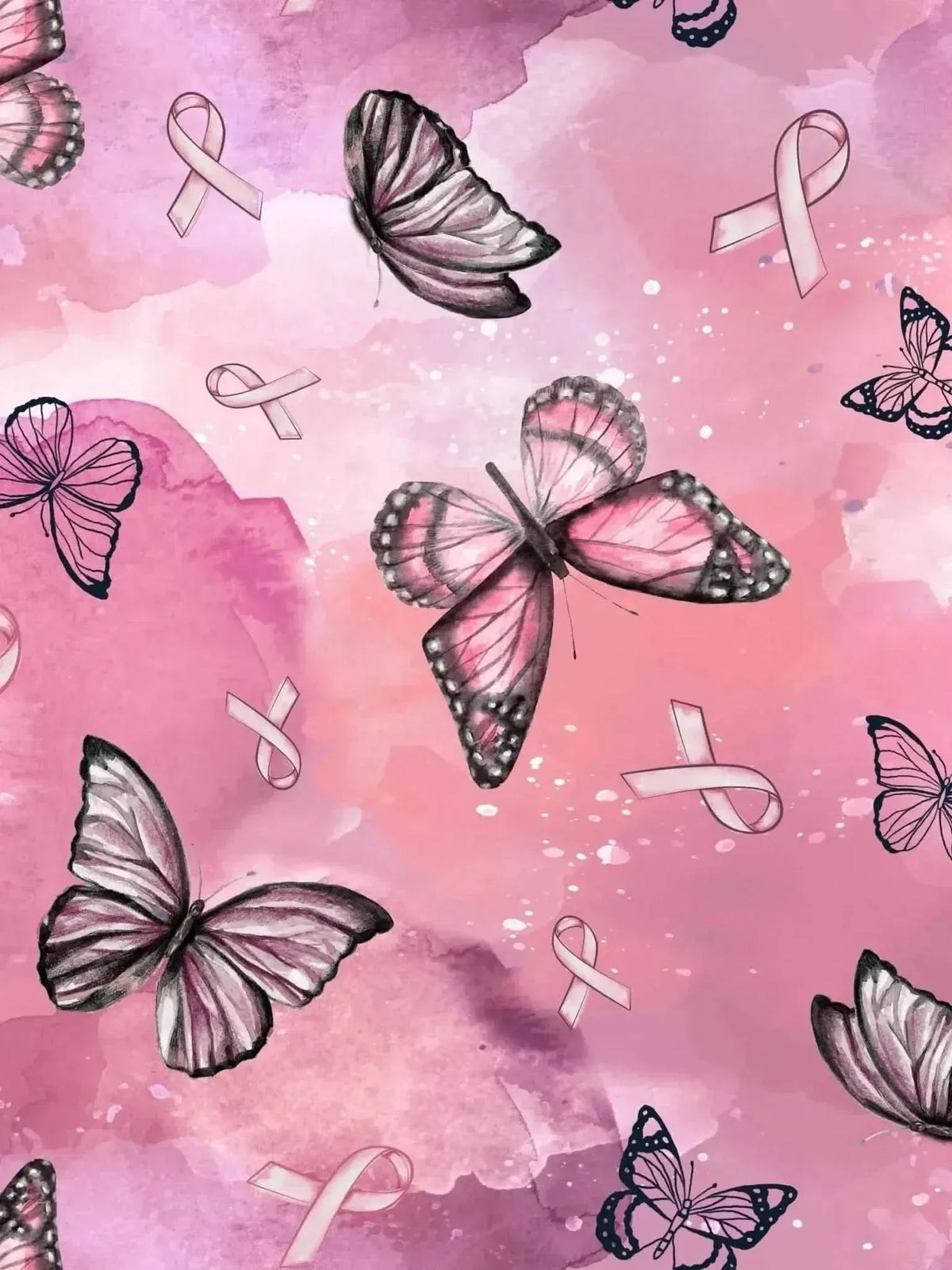 Pink fabric with watercolor butterflies and awareness ribbons.