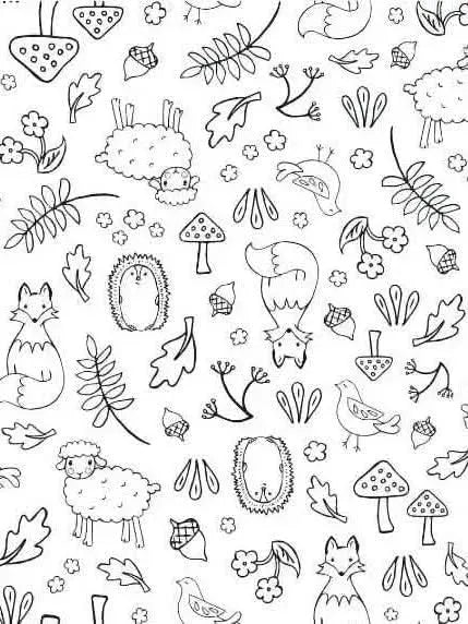 Black-and-white line art panel of woodland creatures like foxes, sheep, hedgehogs, birds, and mushrooms for coloring, with "Child of God" text.