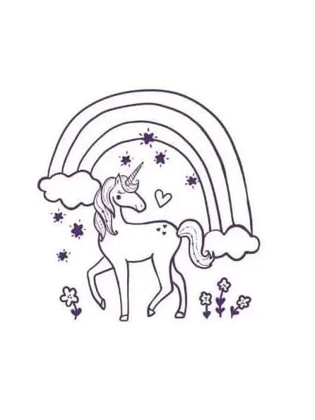 A purple outline drawing of a unicorn with a rainbow, clouds, stars, and flowers.