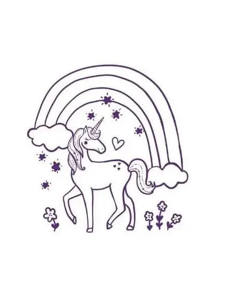 A purple outline drawing of a unicorn with a rainbow, clouds, stars, and flowers.