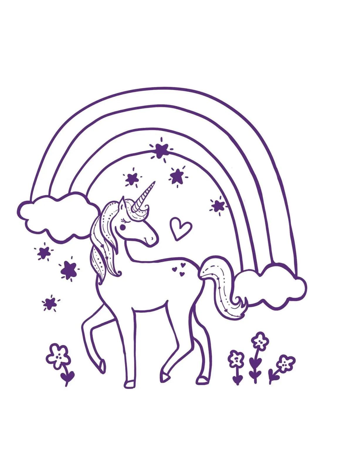 A purple outline drawing of a unicorn, rainbow, clouds, stars, and flowers.