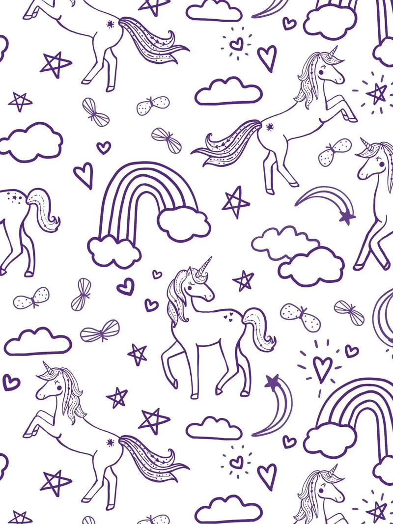 A white fabric panel with purple outline drawings of unicorns, rainbows, and stars.