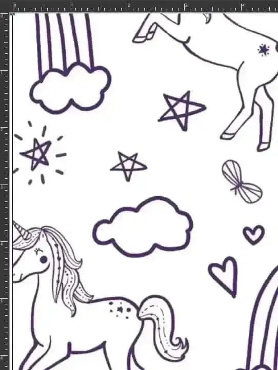 Color-your-own unicorn print fabric with unicorns, rainbows, stars, clouds, butterflies, and hearts.
