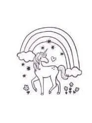 A line drawing of a unicorn with a rainbow, clouds, stars, and flowers.