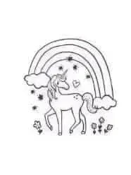 Black outline print of a unicorn under a rainbow with stars, hearts, clouds, and flowers on cotton lycra fabric.