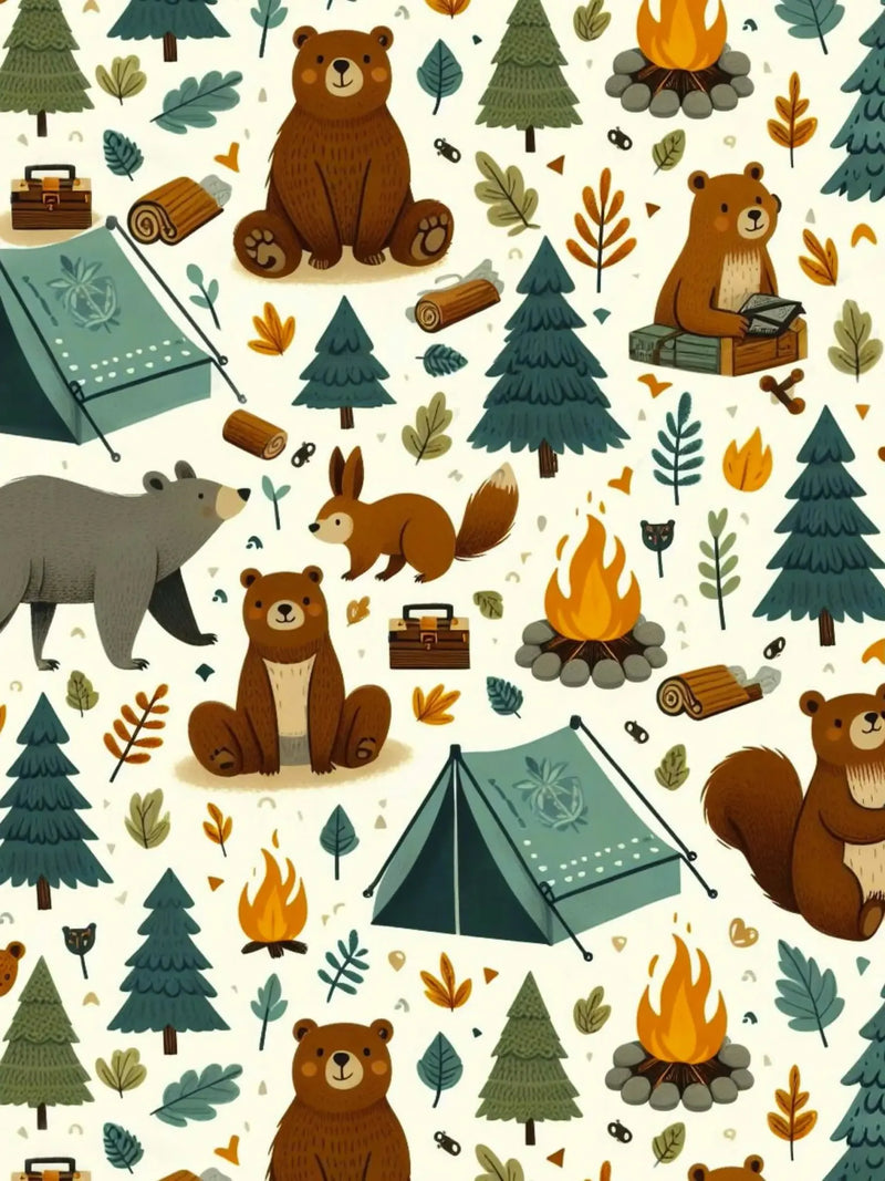 Camping bears, tents, campfires, and trees on a light background.