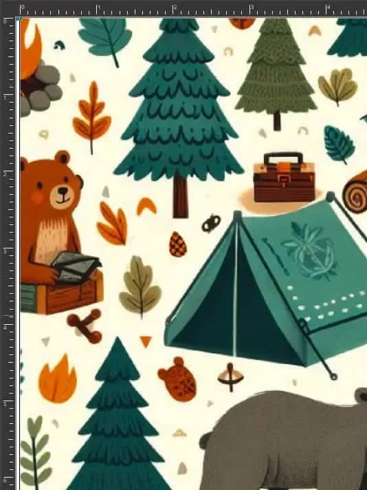 A fabric with a pattern of bears, trees, and camping elements on a light background.