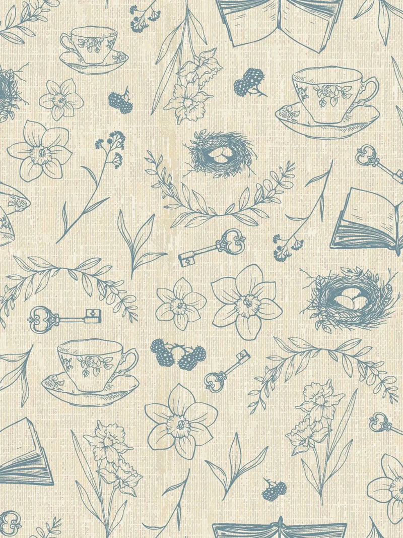 Fabric with blue sketches of teacups, flowers, books, keys, and bird nests.