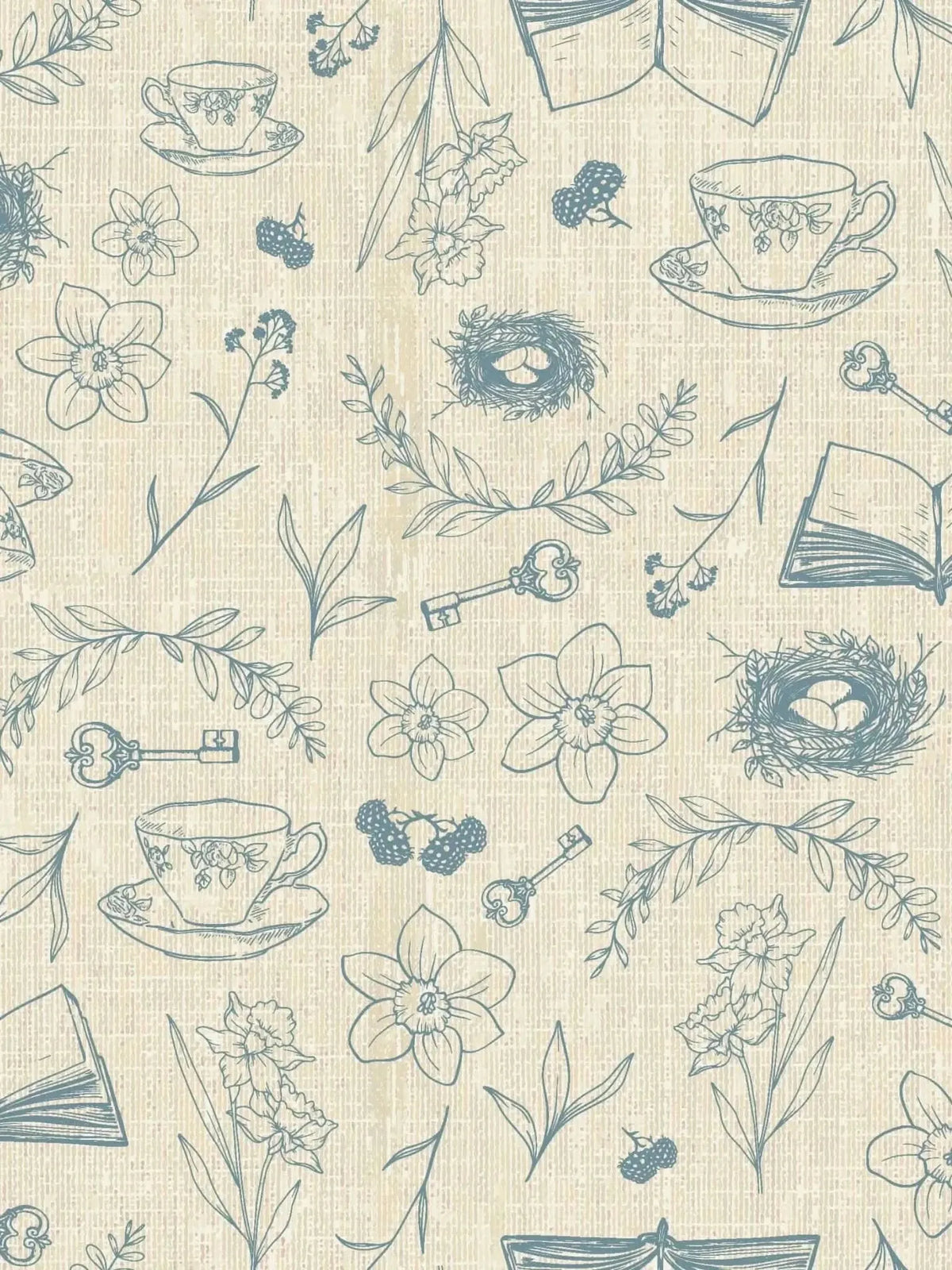 Blue floral toile fabric print featuring teacups, books, keys, nests, and berries.