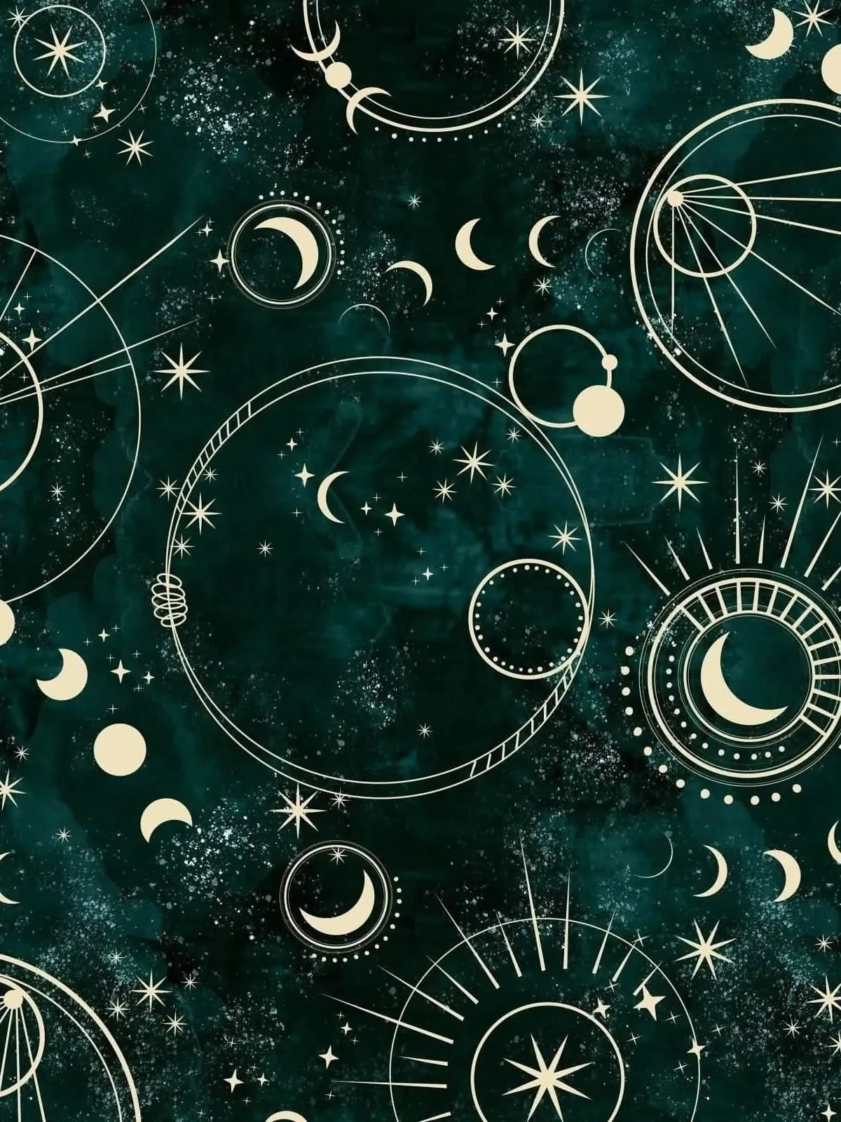 Celestial sky pattern with moons, stars, and geometric designs on a dark green background.