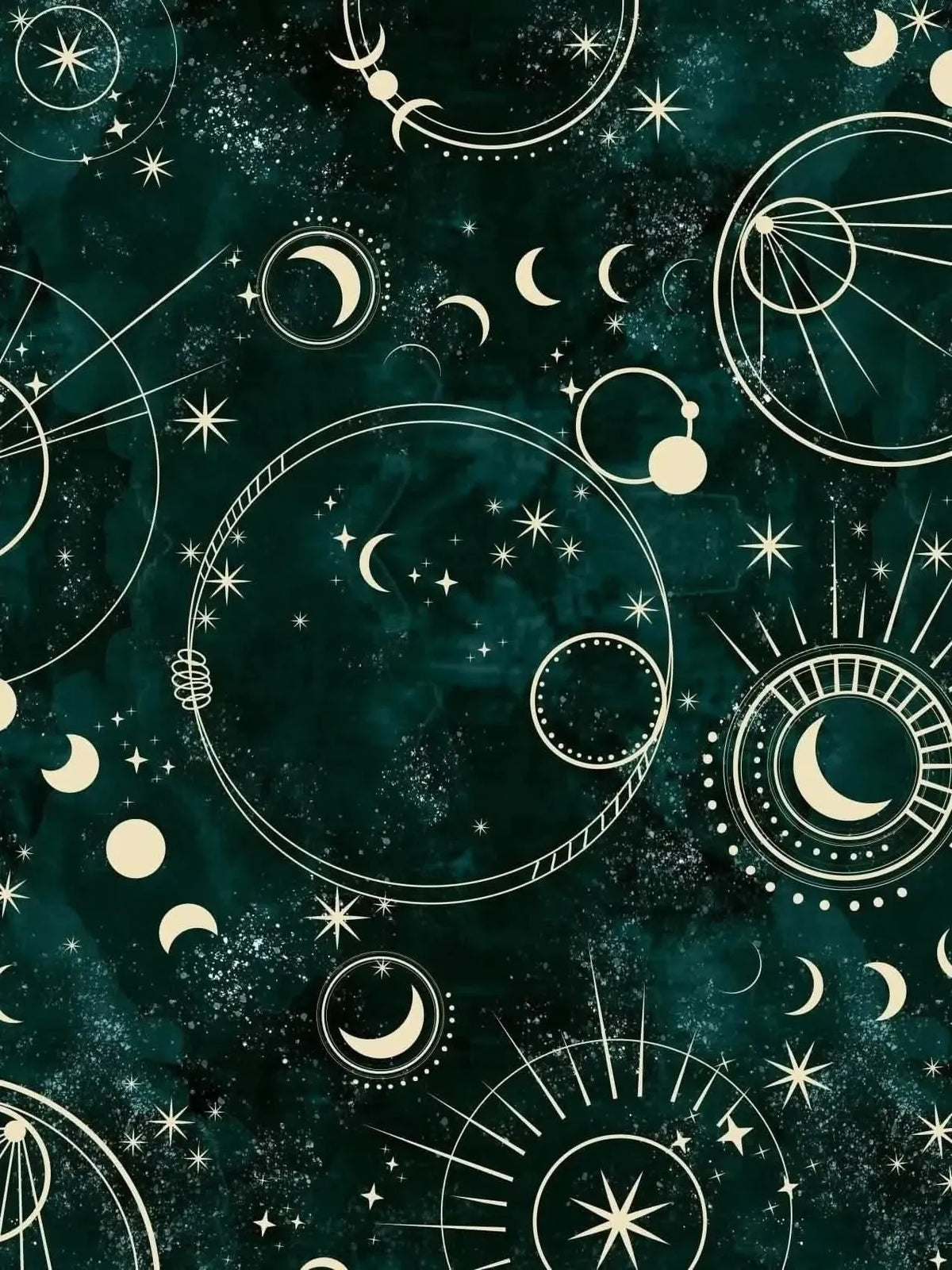 Celestial Sky Green Fantasy Print Fabric with moons, stars, and cosmic designs.