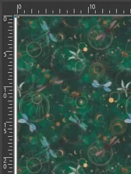 Green fabric with celestial dragonflies and golden astrological symbols.