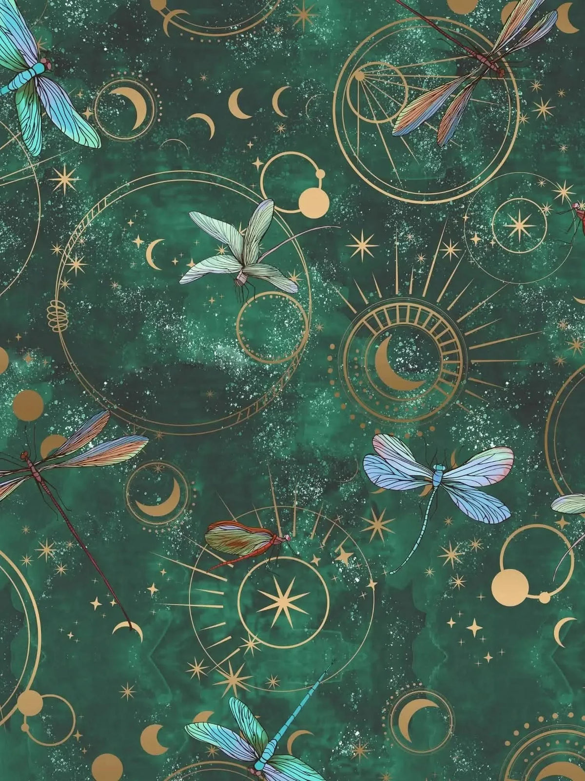A dark green fabric with celestial gold designs and colorful dragonflies.