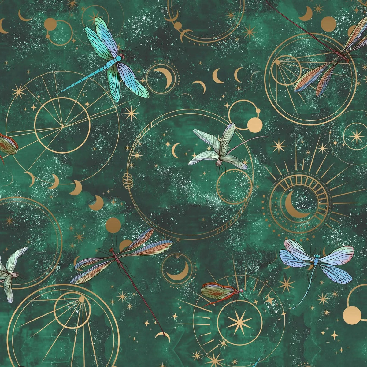 Green fabric with celestial gold patterns and colorful dragonflies.