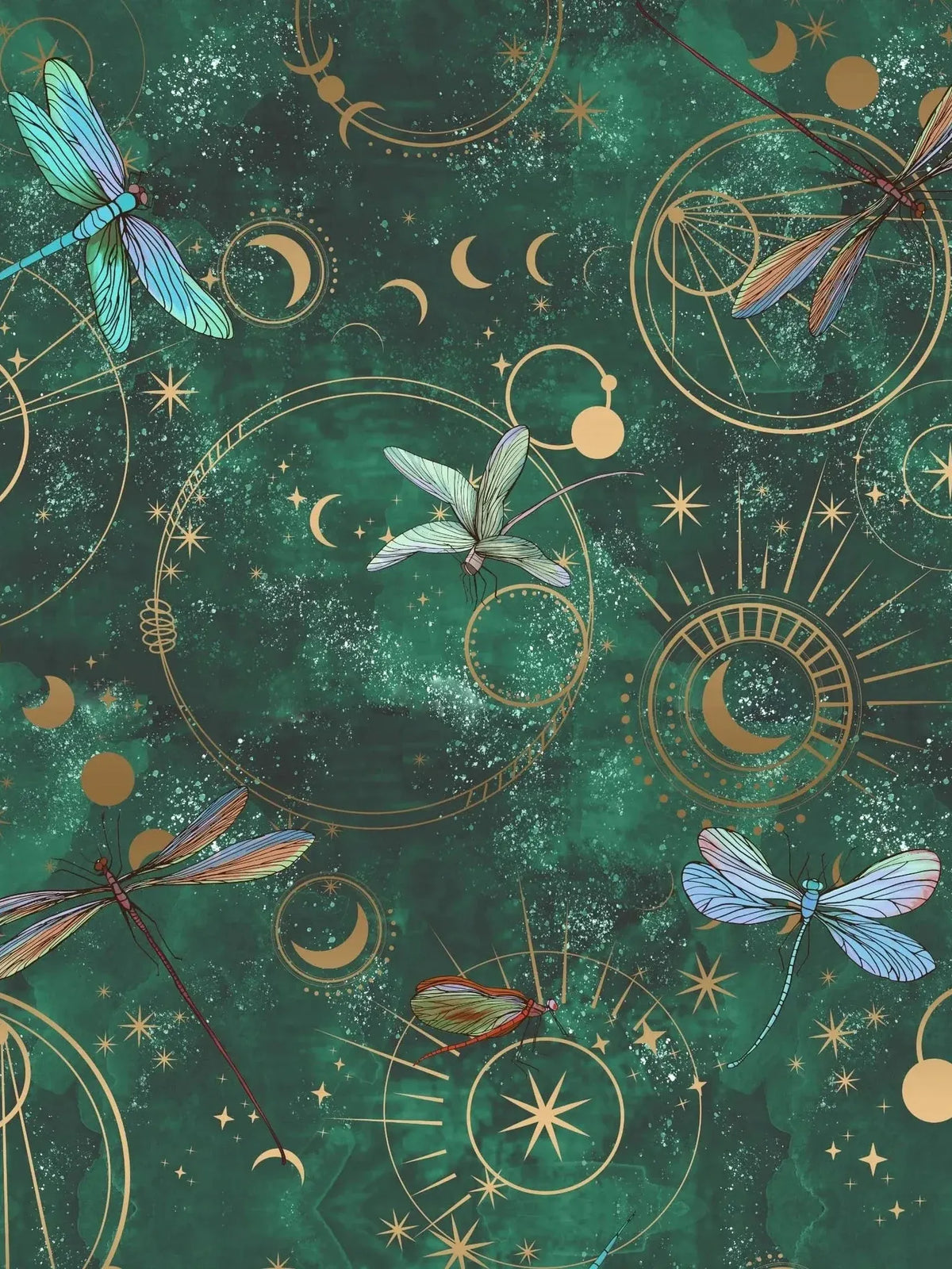 Green fabric print featuring celestial dragonflies, moons, and gold geometric motifs.