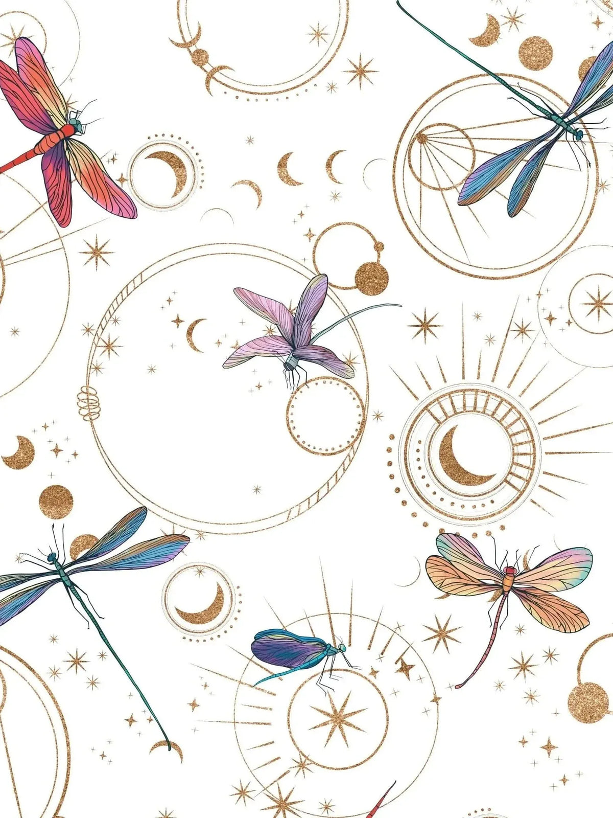 White fabric with colorful dragonflies and gold celestial patterns.