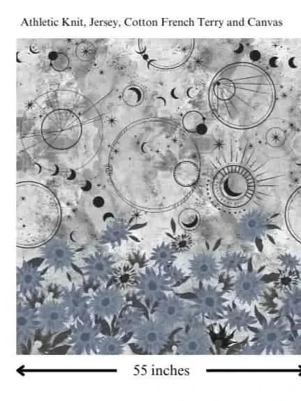 A fabric panel with celestial designs on a silver background and blue sunflowers at the bottom.