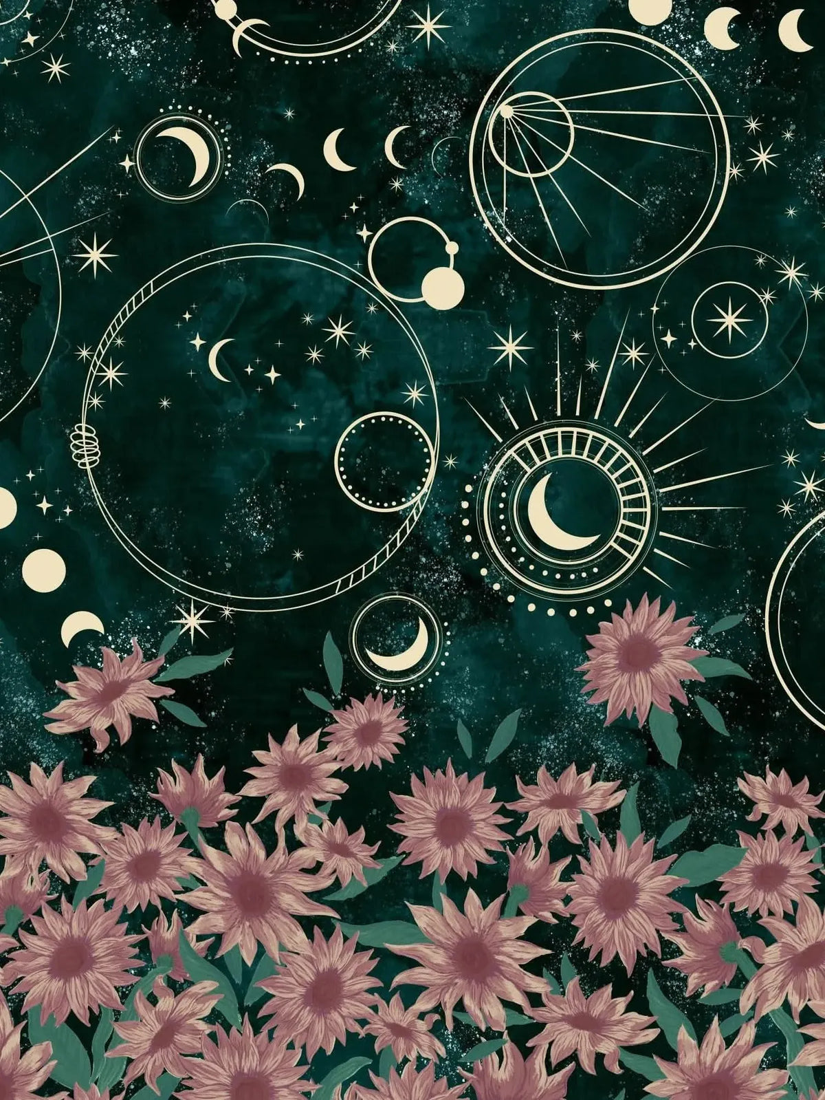 A dark green fabric panel with celestial designs and pink sunflowers.