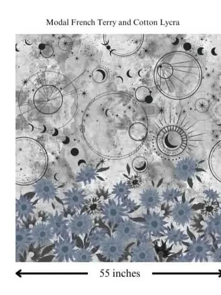 A fabric panel with celestial designs and blue sunflowers, measuring 50 by 55 inches.