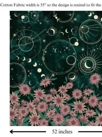 Celestial Sunflowers in Green fabric panel, 55 by 52 inches.