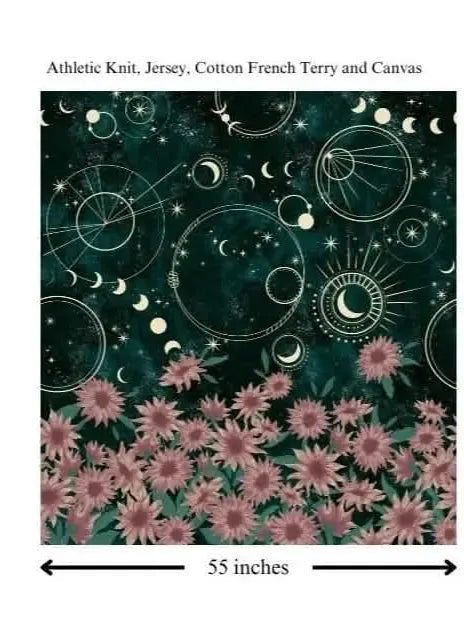 Green fabric with celestial patterns and a border of pink sunflowers, measuring 60x55 inches.