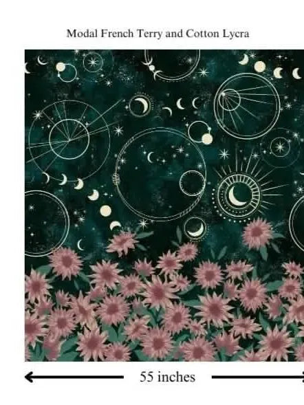 Green fabric panel with celestial patterns and a border of pink sunflowers, measuring 50x55 inches.