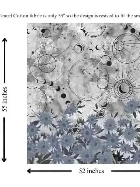 Celestial-themed fabric panel with blue sunflowers, measuring 55 by 52 inches.