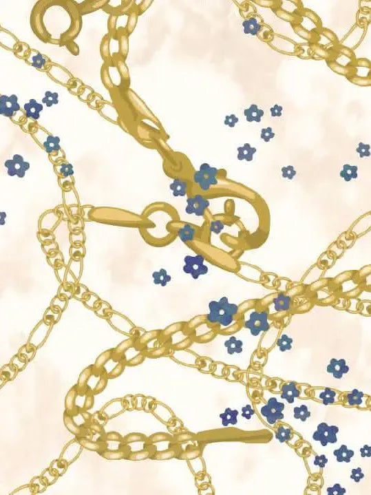 Cream fabric with gold chains and small blue flowers.